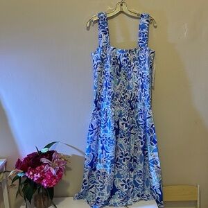 Aqua Blue and White Floral Midi Dress